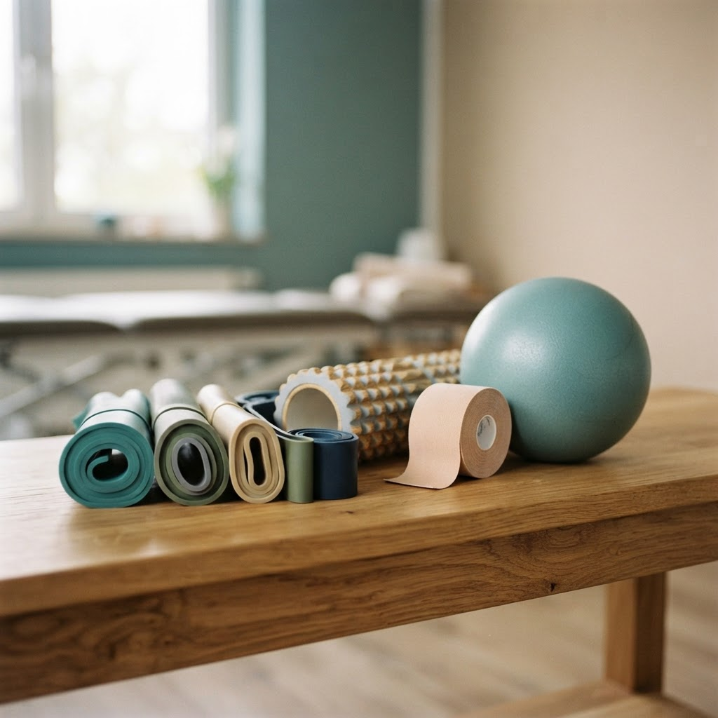 Physiotherapy equipment including resistance bands, a foam roller, and kinesiology tape arranged on a clinic bench