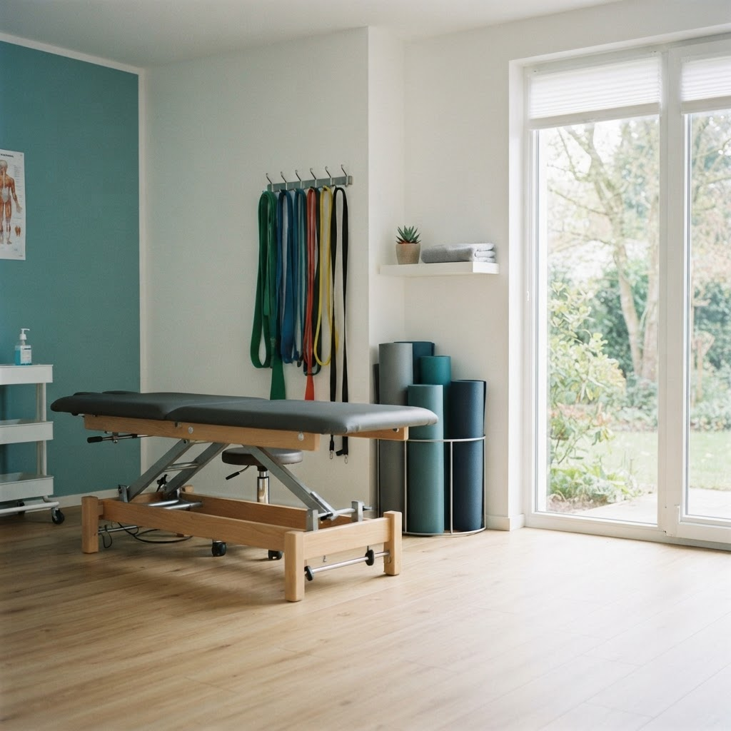 Modern physiotherapy studio corner with a treatment table, exercise mats, and resistance bands